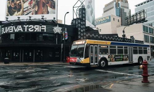 a metro transit bus on the corner of First Avenue in Minneapolis, MN, USA