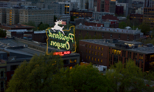 An aerial view of a sign that reads "Portland Oregon."